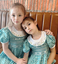 Load image into Gallery viewer, Ana aqua Polka dot (Children smock Dress)