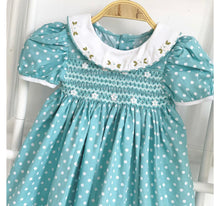 Load image into Gallery viewer, Ana aqua Polka dot (Children smock Dress)