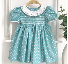 Load image into Gallery viewer, Ana aqua Polka dot (Children smock Dress)
