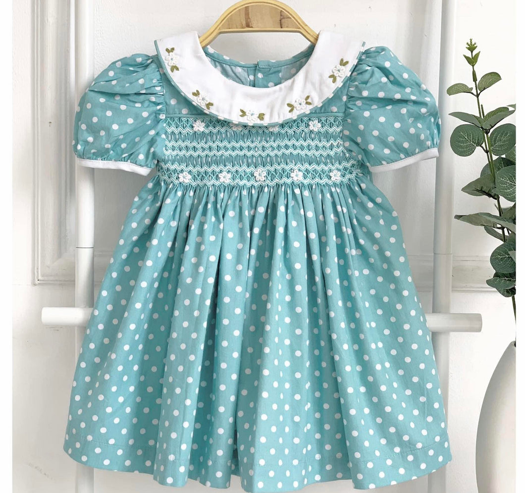 Ana aqua Polka dot (Children smock Dress)