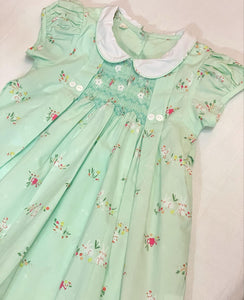 Aubree green bunny  (Children smock Dress)